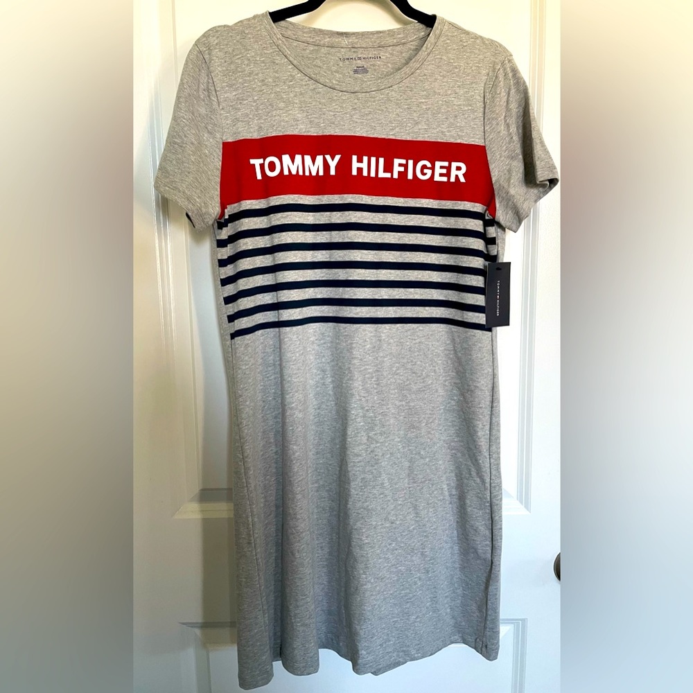 NWT Tommy Hilfiger T Shirt Dress Womens Size Medium Striped Gray Sporty Casual